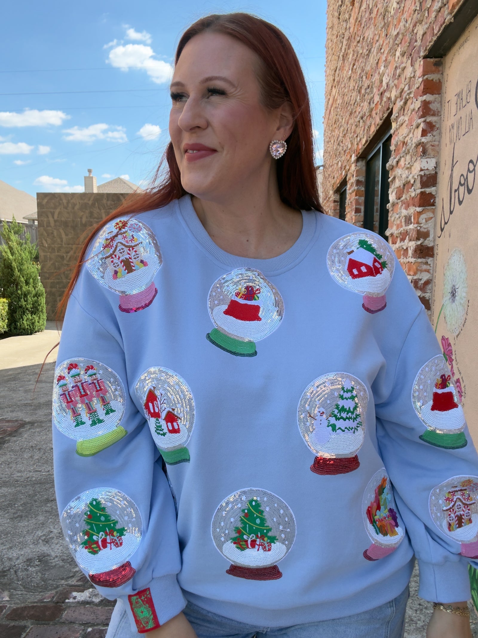 Queen of Sparkles Powder Blue Christmas Snow Globe Sweatshirt