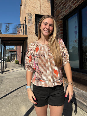 Queen of Sparkles Brown Gingham Bucking Cowgirl Button Up Cotton Top