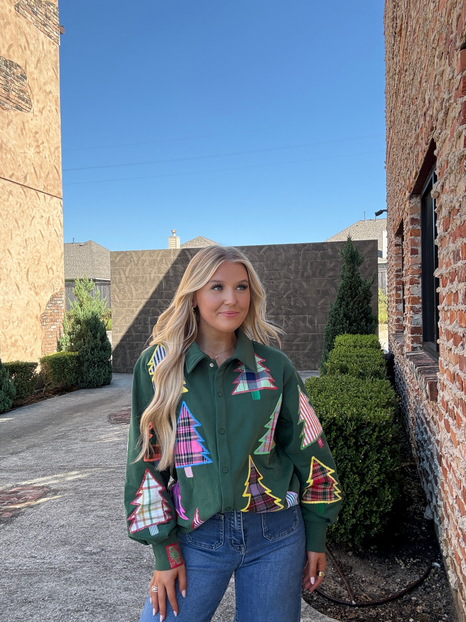 Queen of Sparkles Dark Green Multi Plaid & Stripe Christmas Tree Button Up Shacket