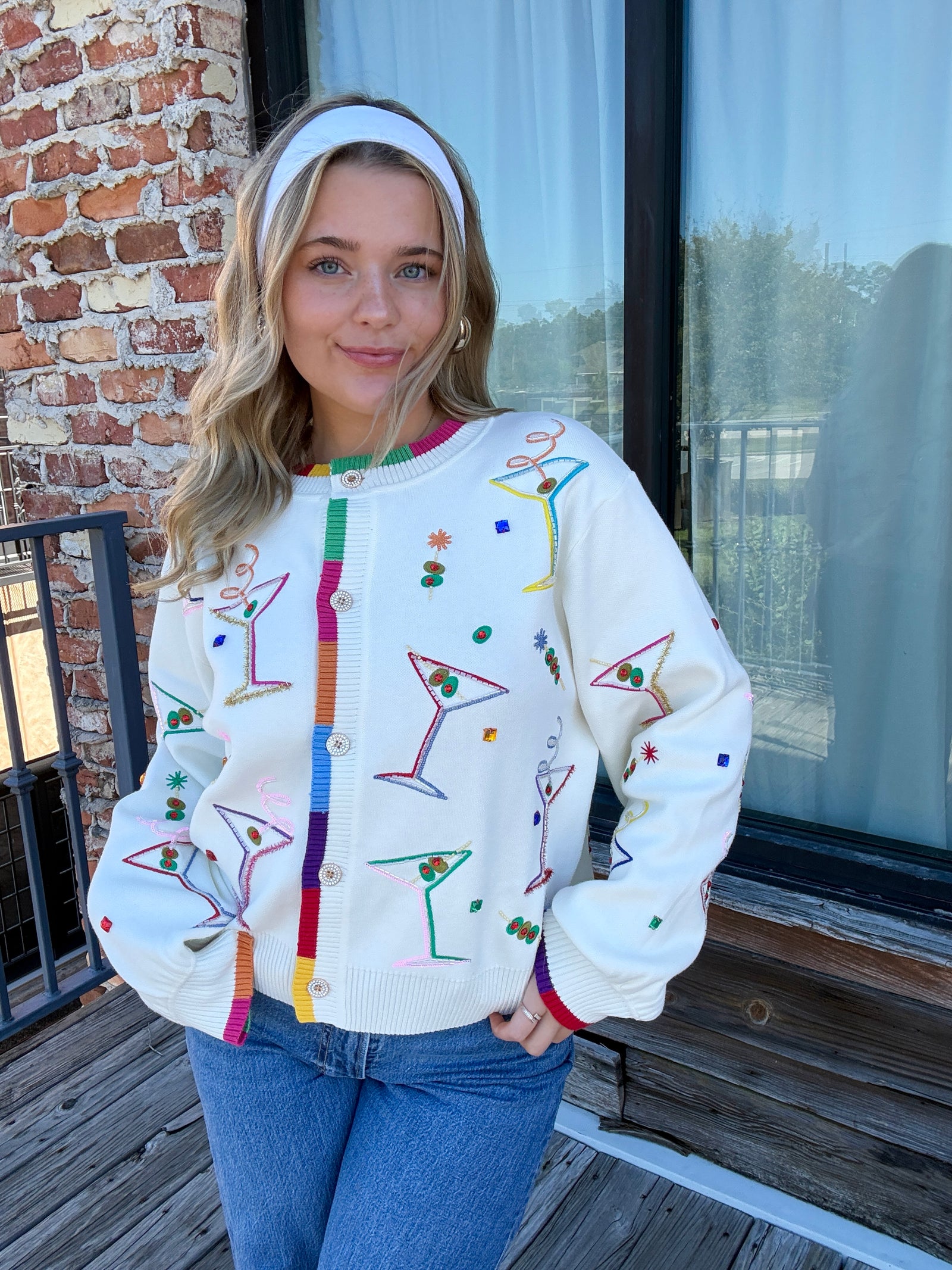 Queen of Sparkles White Multi Cosmo & Martini Button Up Cardigan With Rainbow Trim