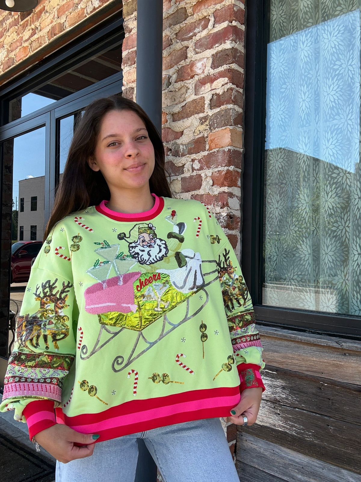 Queen of Sparkles Light Green Martini Vintage Santa Sweatshirt