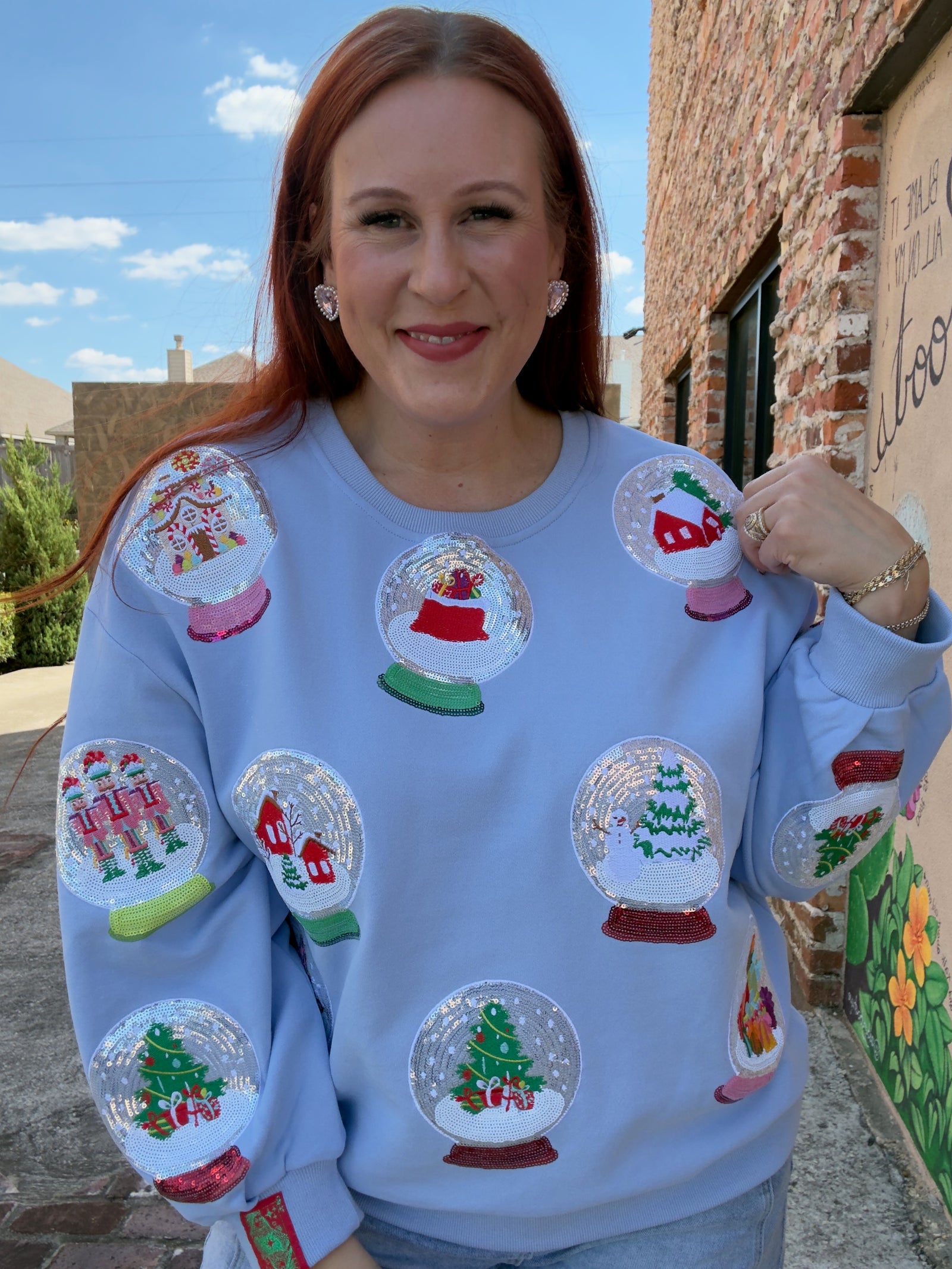 Queen of Sparkles Powder Blue Christmas Snow Globe Sweatshirt