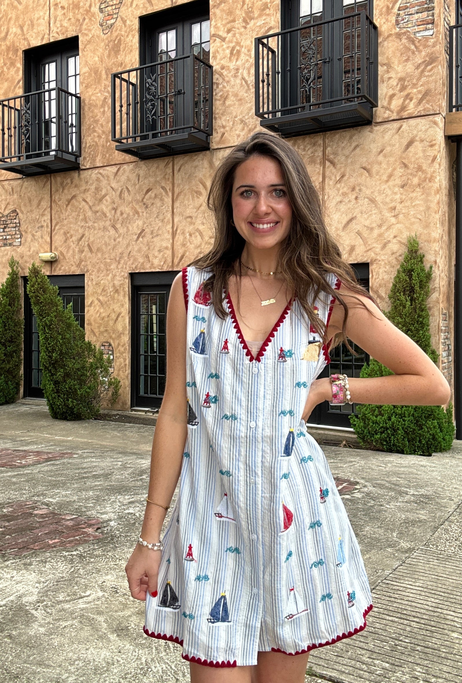 Queen of Sparkles Striped Sailboat V Neck Tank Dress