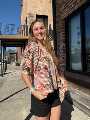 Queen of Sparkles Brown Gingham Bucking Cowgirl Button Up Cotton Top