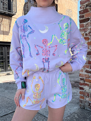 Queen of Sparkles Lavender Multi Dancing Skeleton Mock Neck Sweater