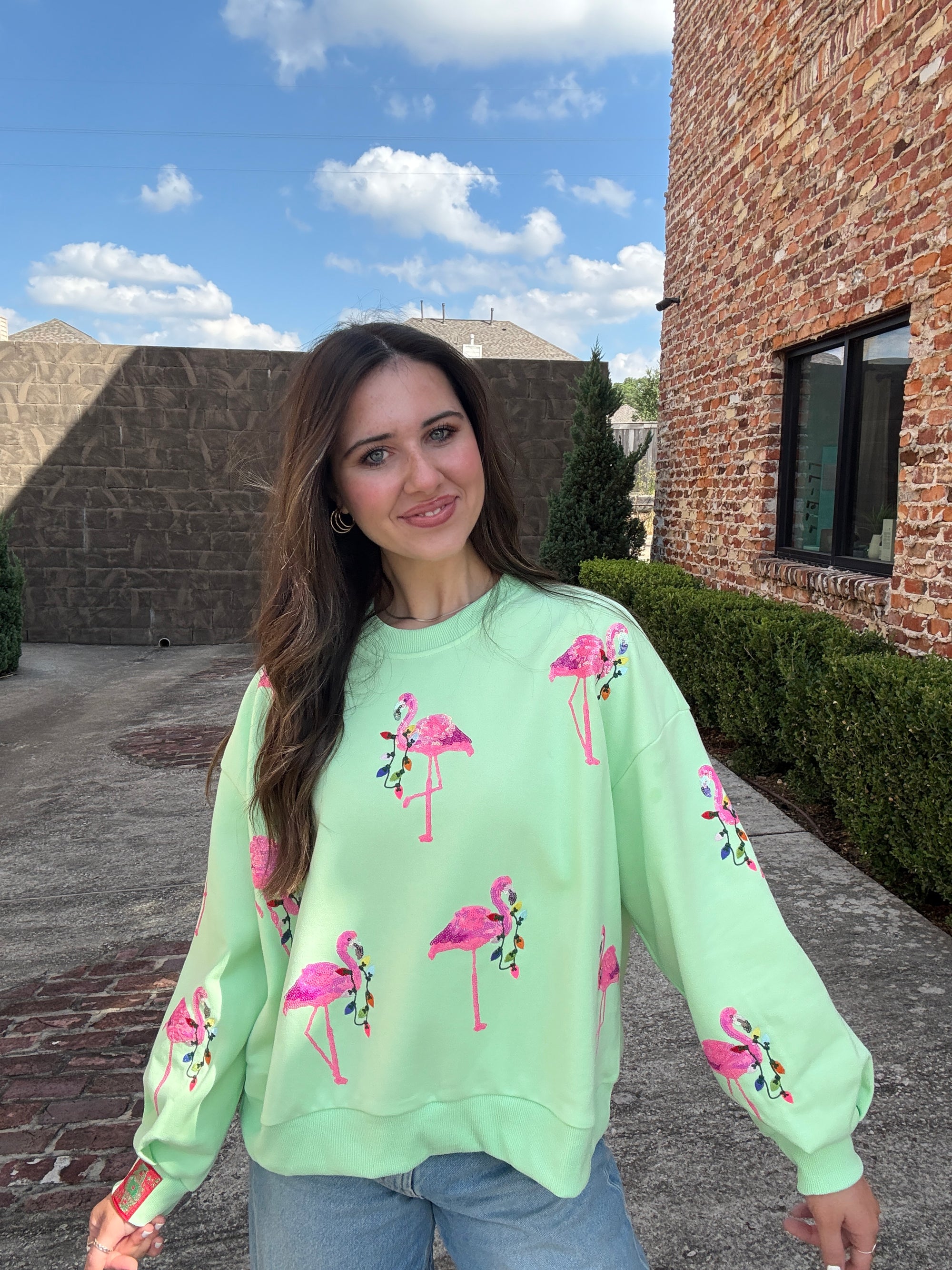Queen of Sparkles Mint Flamingo Wearing Christmas Light Necklace Sweatshirt