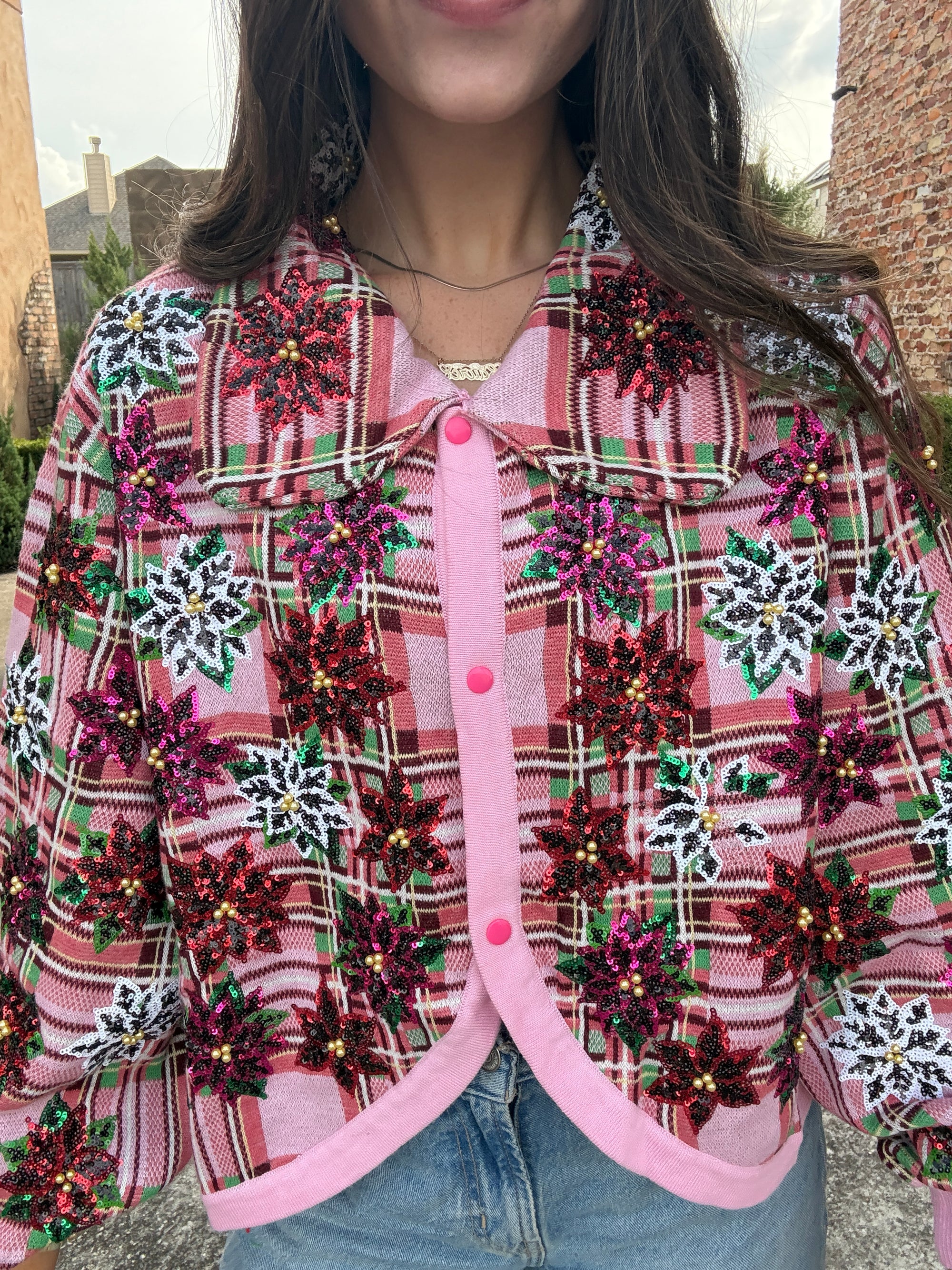 Queen of Sparkles Pink Plaid Poinsettia Button Up Collar Sweater