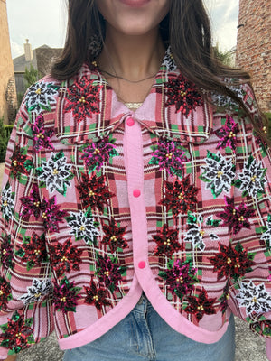 Queen of Sparkles Pink Plaid Poinsettia Button Up Collar Sweater