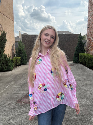 Queen of Sparkles Pink & White Stripe Sequin Flower Wreath Cotton Button Up Top