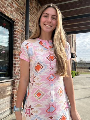 Queen of Sparkles Pink Multi Sequin Aztec Print Knit Button Up Dress