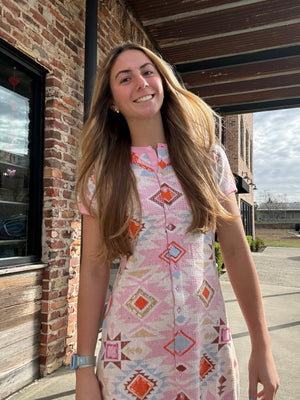 Queen of Sparkles Pink Multi Sequin Aztec Print Knit Button Up Dress