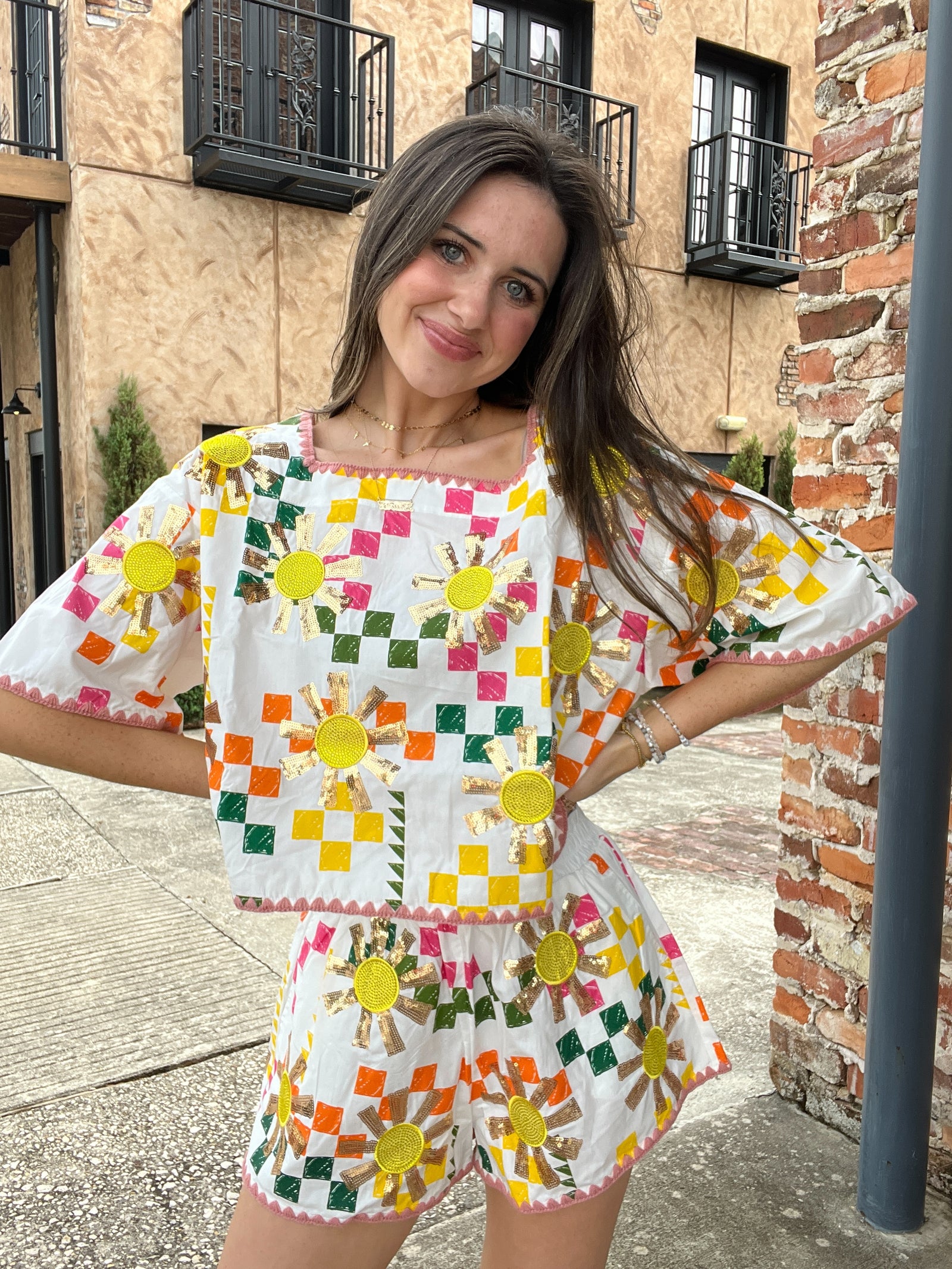 Queen of Sparkles White Multi Checkered Sun Top