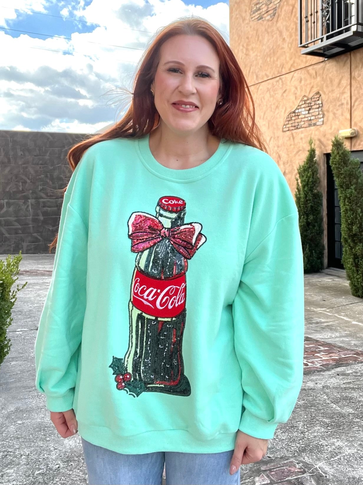 Queen of Sparkles Mint Green Bow Coca-Cola Bottle Sweatshirt