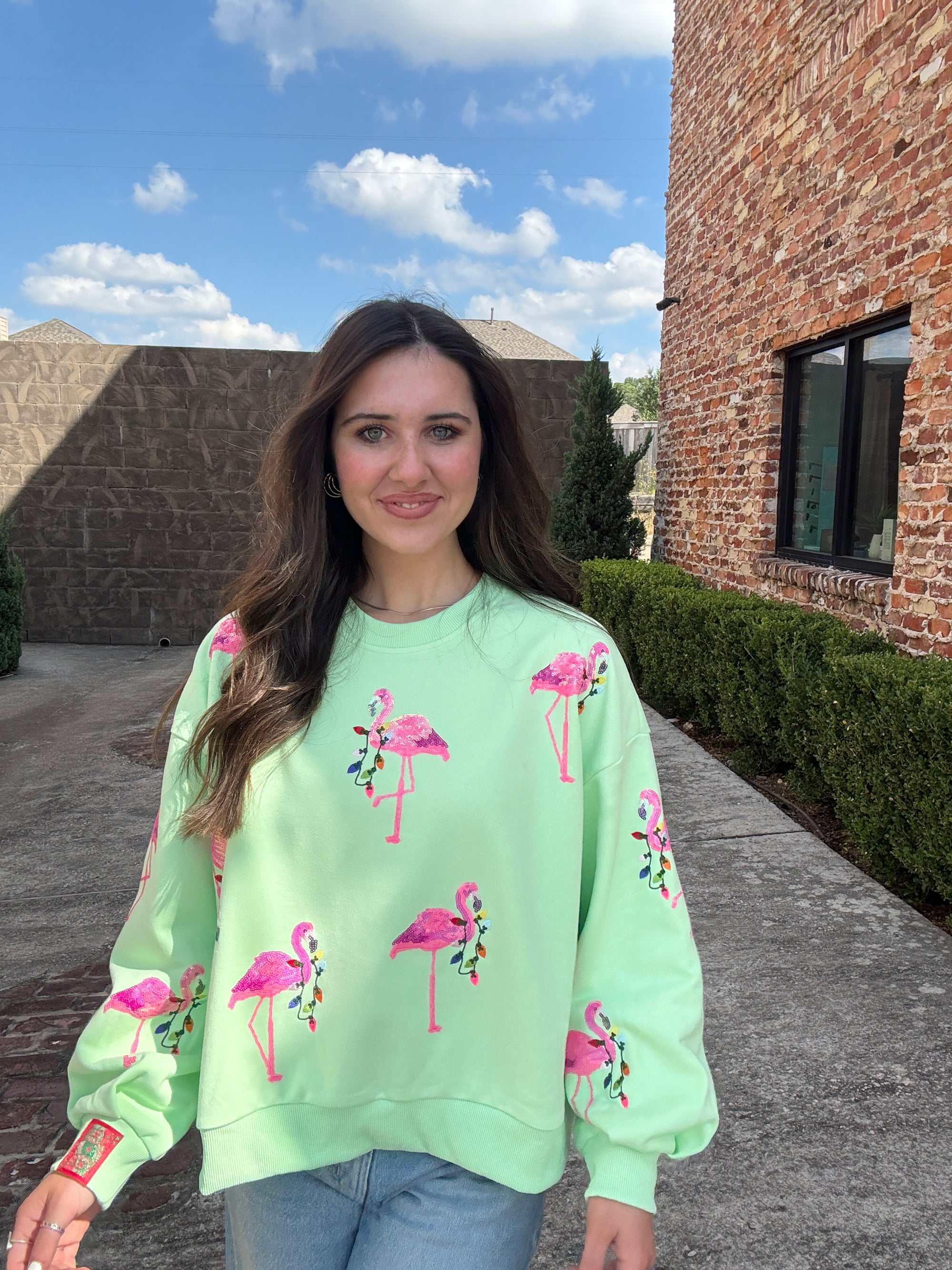 Queen of Sparkles Mint Flamingo Wearing Christmas Light Necklace Sweatshirt