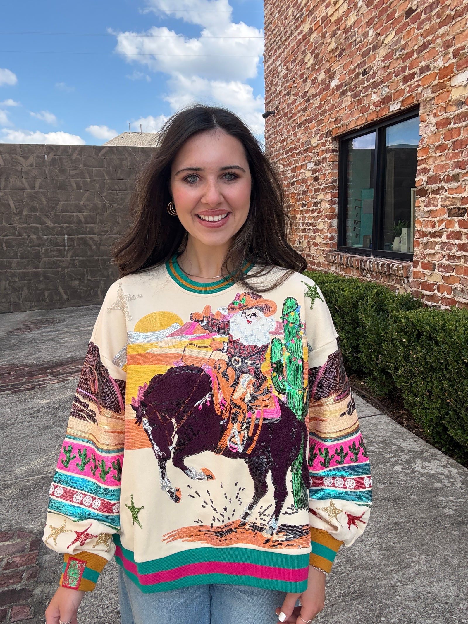 Queen of Sparkles Multi Vintage Cowboy Santa Sweatshirt
