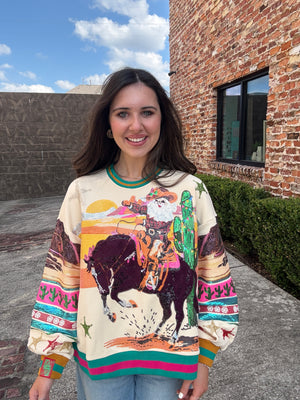 Queen of Sparkles Multi Vintage Cowboy Santa Sweatshirt