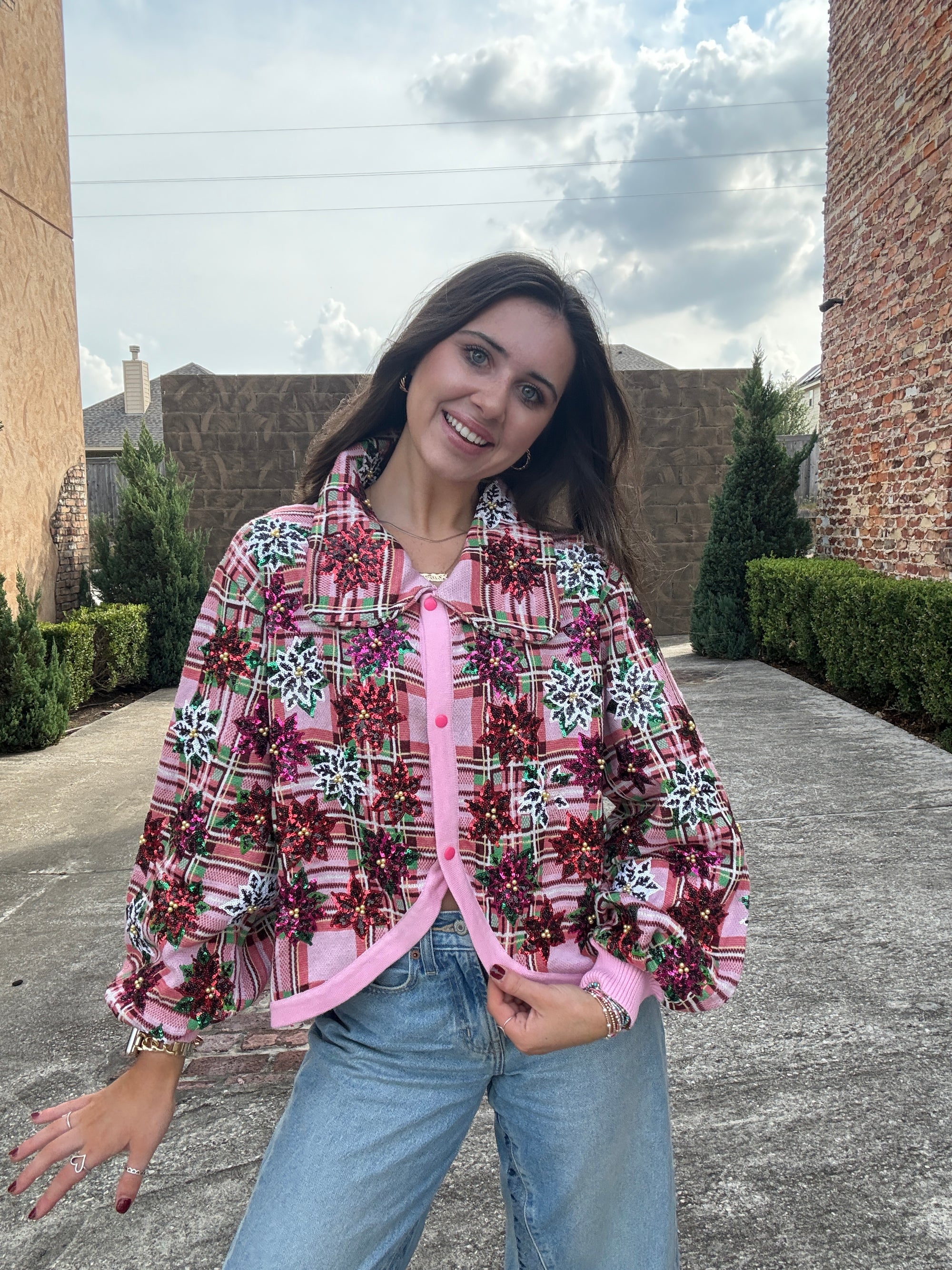 Queen of Sparkles Pink Plaid Poinsettia Button Up Collar Sweater
