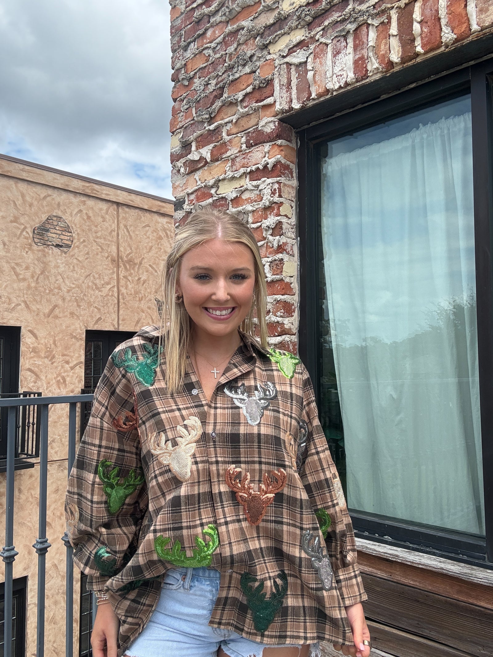 Queen of Sparkles Brown Plaid Multi Deer Head Button Up Long Sleeve Top