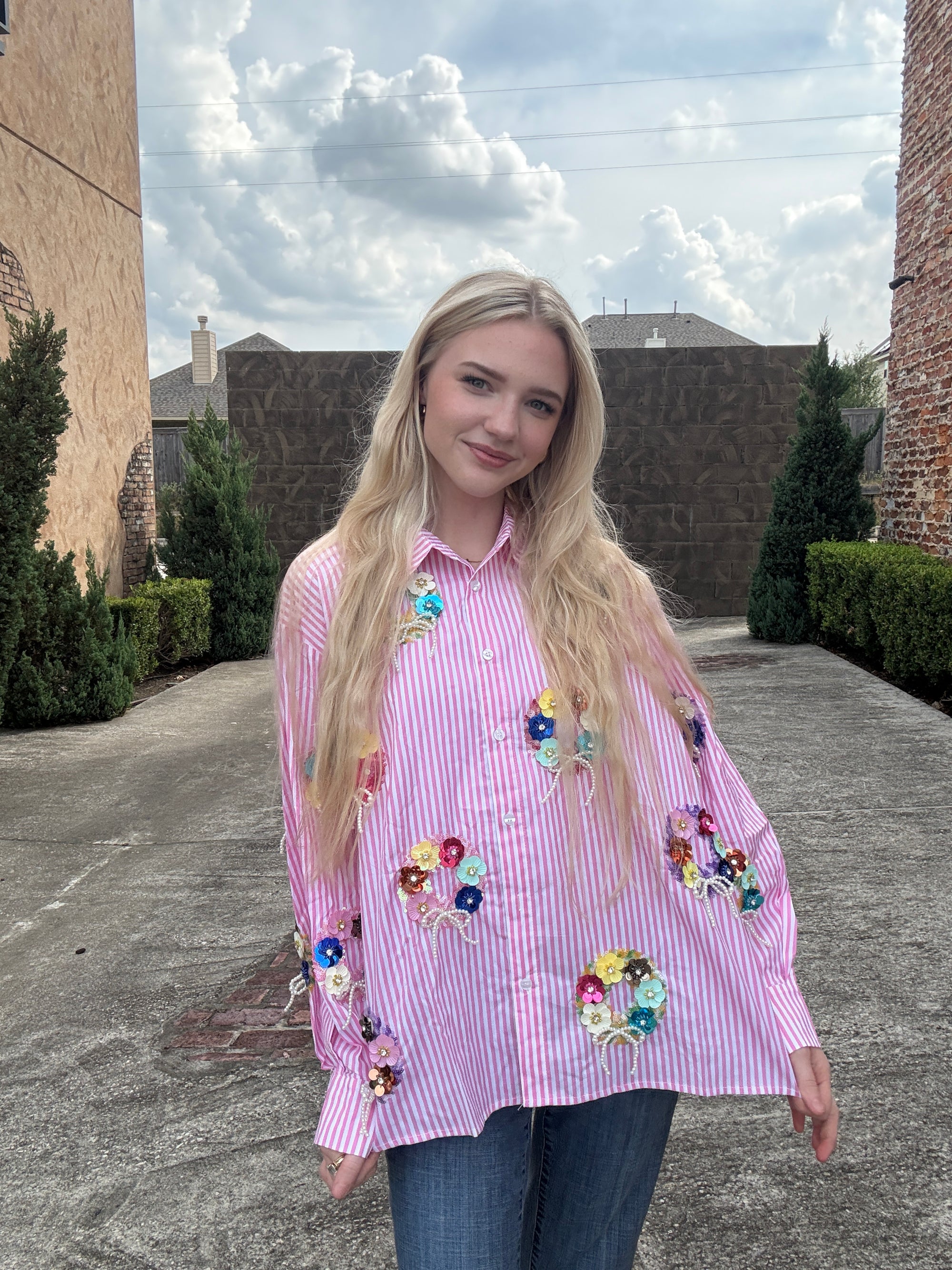 Queen of Sparkles Pink & White Stripe Sequin Flower Wreath Cotton Button Up Top
