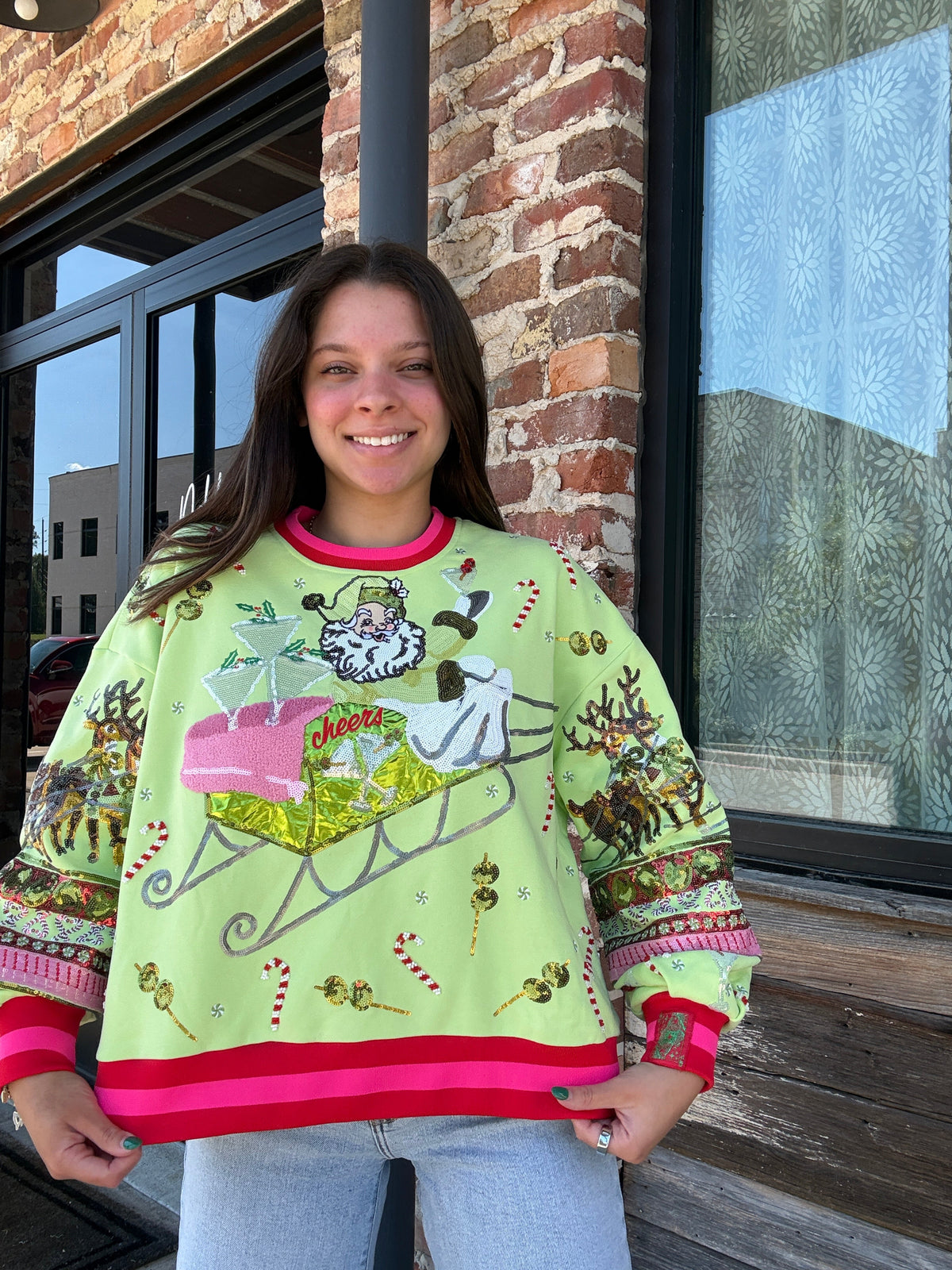 Queen of Sparkles Light Green Martini Vintage Santa Sweatshirt