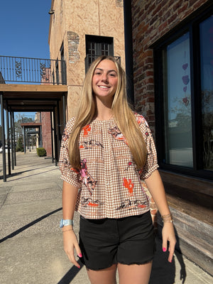 Queen of Sparkles Brown Gingham Bucking Cowgirl Button Up Cotton Top
