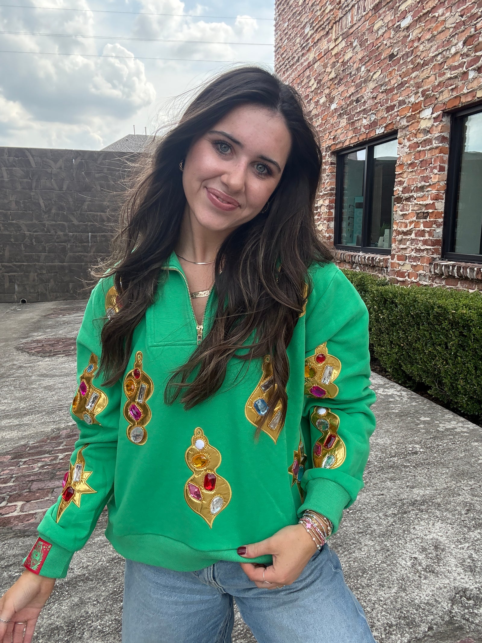 Queen of Sparkles Green & Gold Jeweled Ornament Collar Sweatshirt