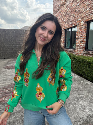 Queen of Sparkles Green & Gold Jeweled Ornament Collar Sweatshirt