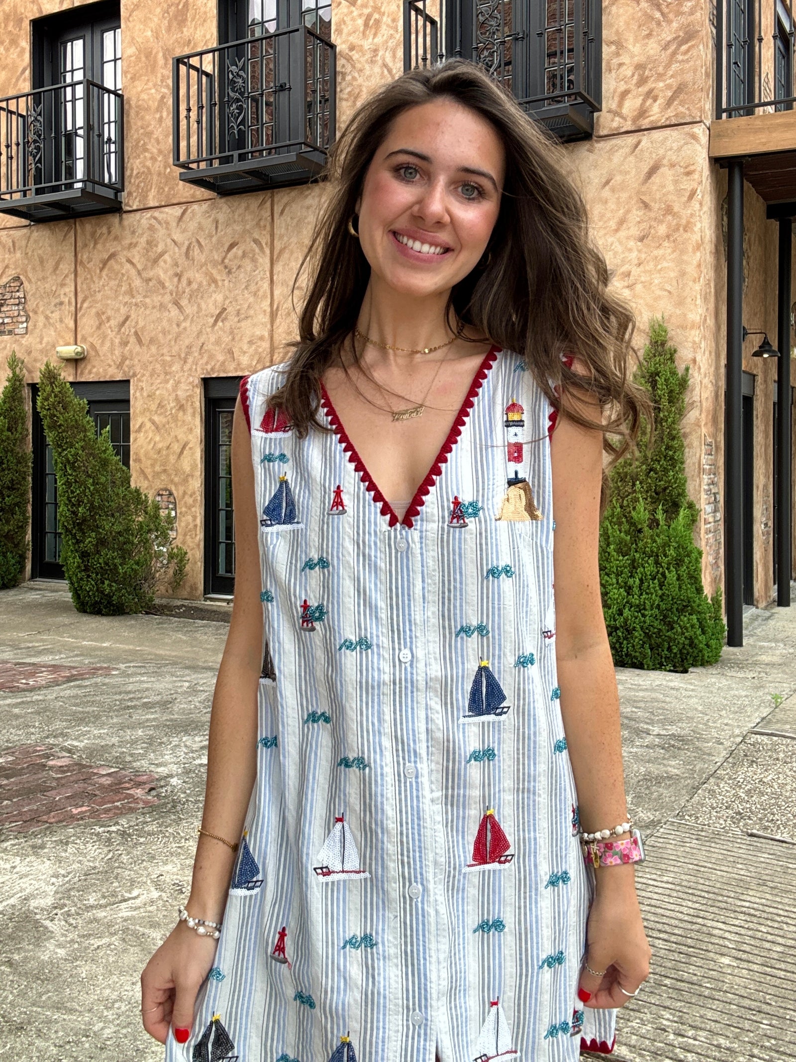 Queen of Sparkles Striped Sailboat V Neck Tank Dress