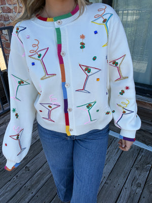 Queen of Sparkles White Multi Cosmo & Martini Button Up Cardigan With Rainbow Trim