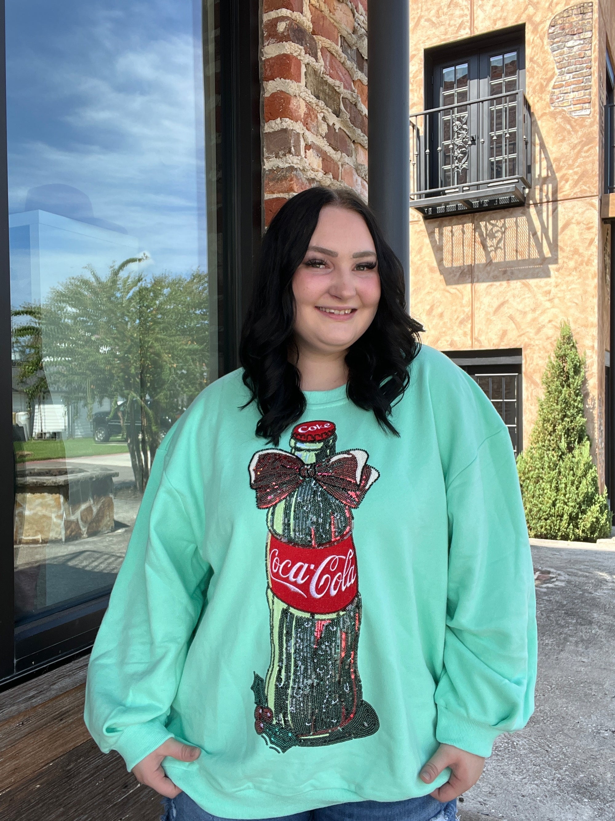 Queen of Sparkles Mint Green Bow Coca-Cola Bottle Sweatshirt