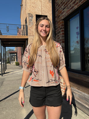 Queen of Sparkles Brown Gingham Bucking Cowgirl Button Up Cotton Top