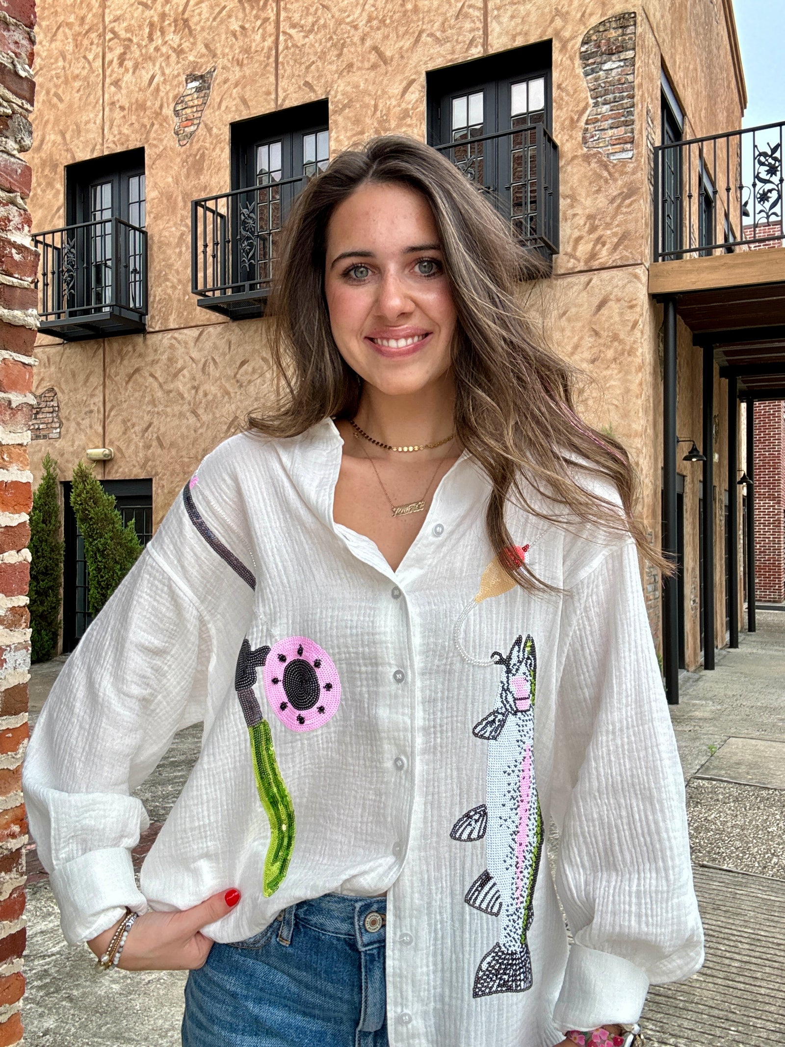 Queen of Sparkles Fishing Pole Hooked Fish Gauze Button Up Collared Dress