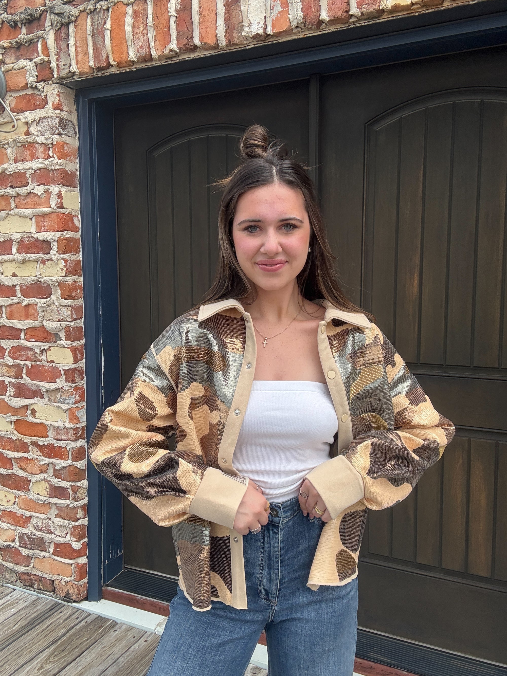 Queen of Sparkles Green Full Sequin Camo Shacket