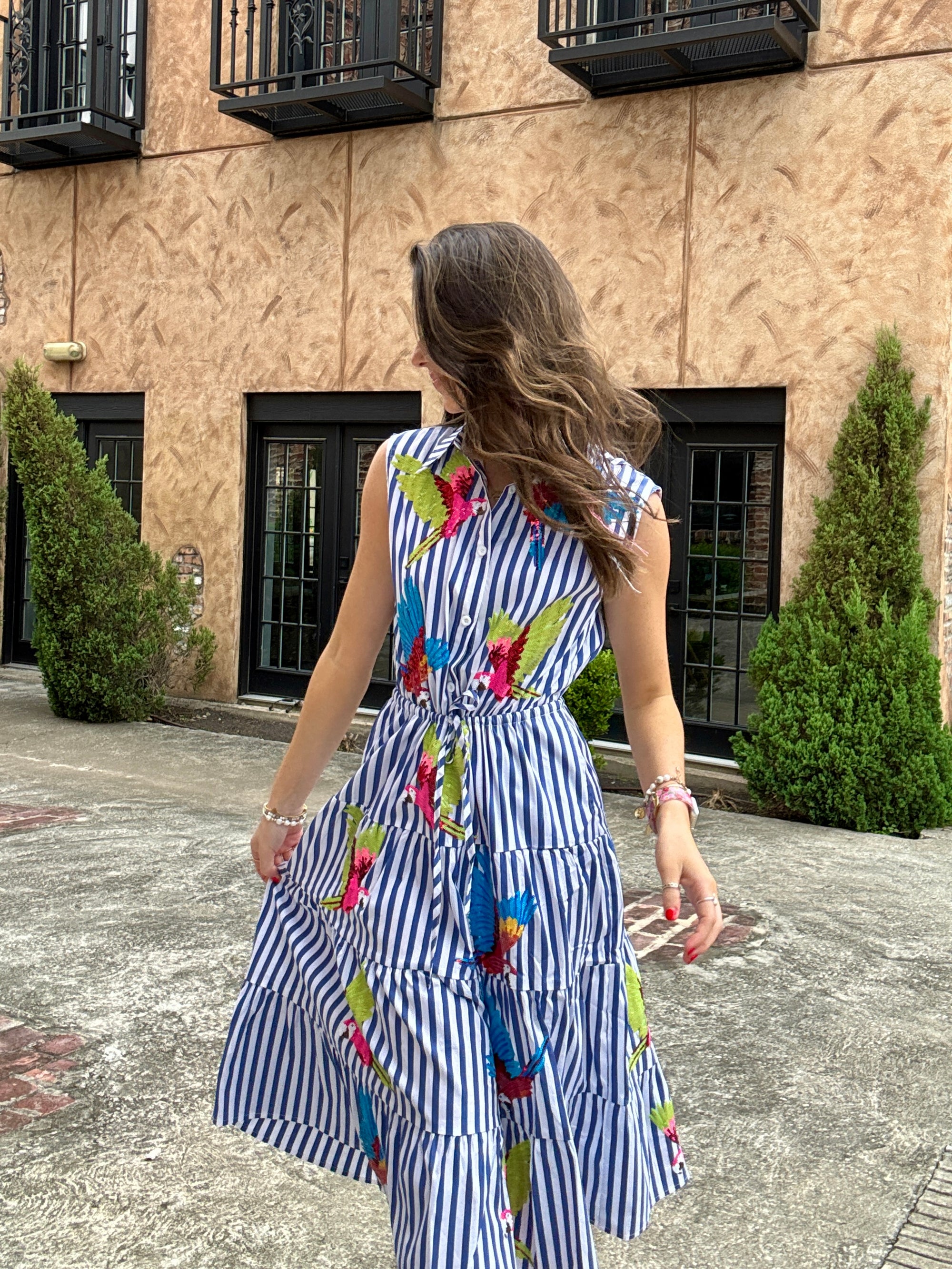 Queen of Sparkles Navy & White Stripe Multi Parrot Tie Midi Cotton Dress