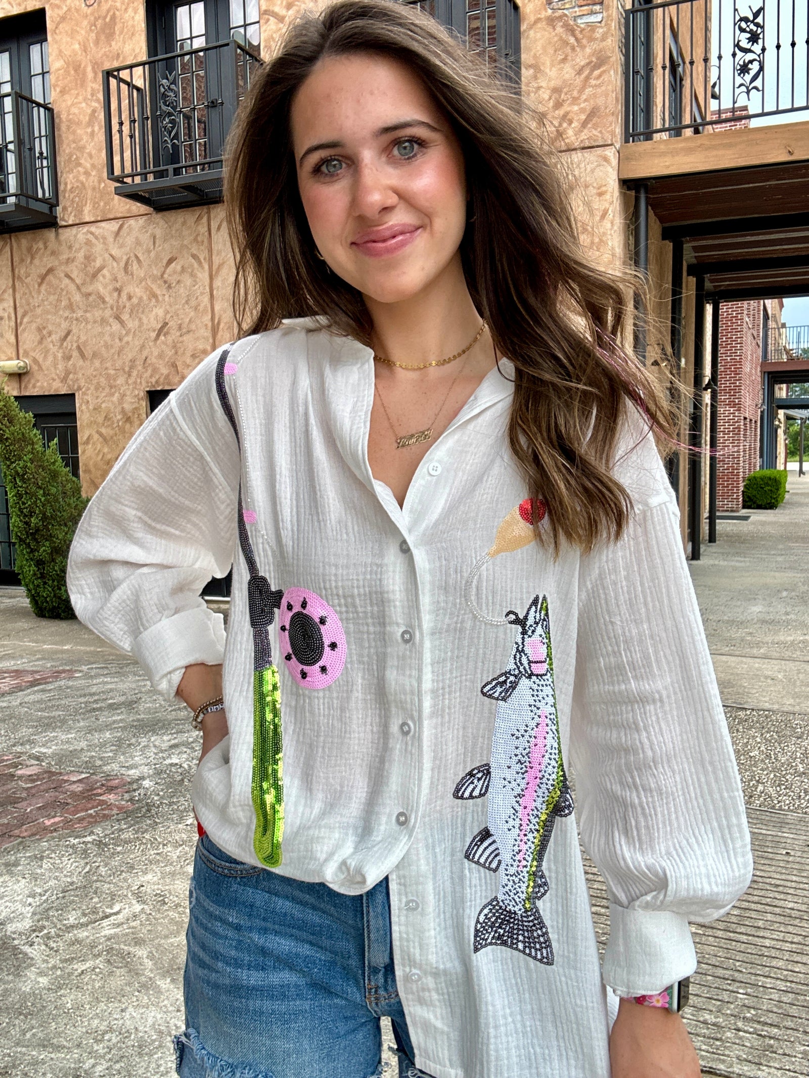 Queen of Sparkles Fishing Pole Hooked Fish Gauze Button Up Collared Dress