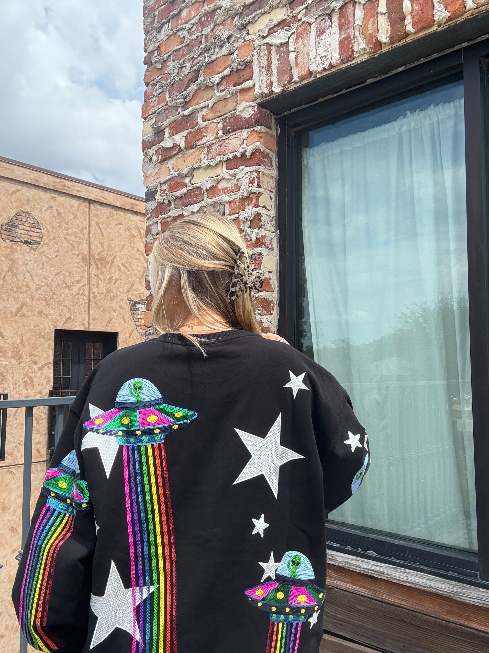 Queen of Sparkles Black Multi Alien Space Ship Sweatshirt