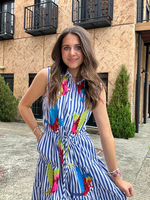 Queen of Sparkles Navy & White Stripe Multi Parrot Tie Midi Cotton Dress