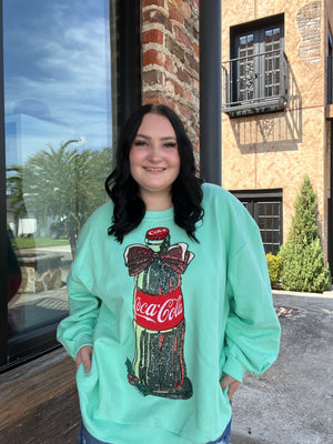 Queen of Sparkles Mint Green Bow Coca-Cola Bottle Sweatshirt