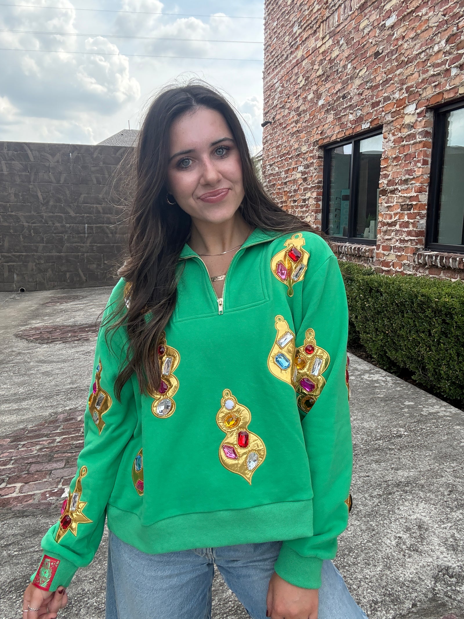 Queen of Sparkles Green & Gold Jeweled Ornament Collar Sweatshirt