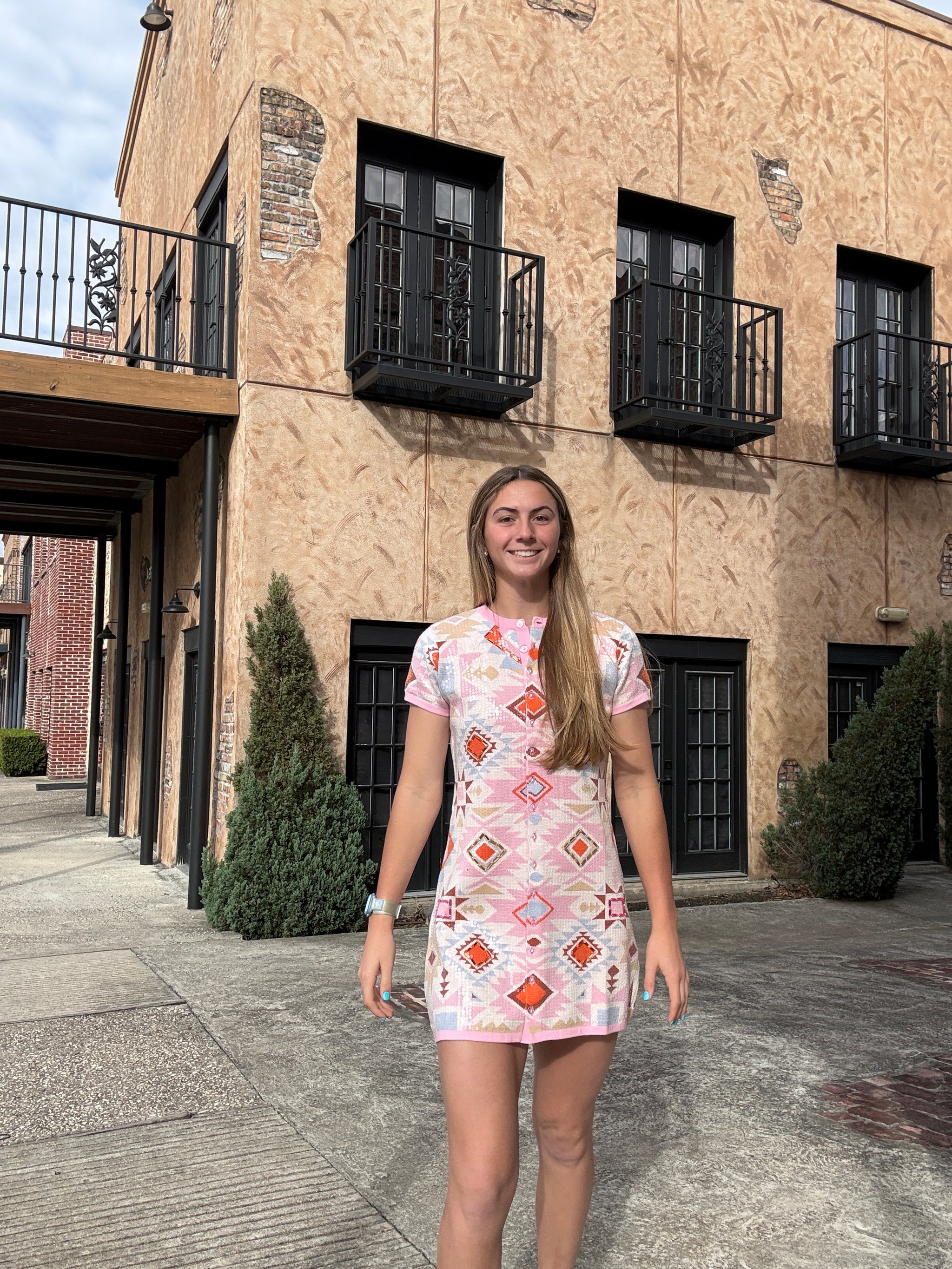 Queen of Sparkles Pink Multi Sequin Aztec Print Knit Button Up Dress Queen of Sparkles Pink Multi Sequin Aztec Print Knit Button Up Dress
