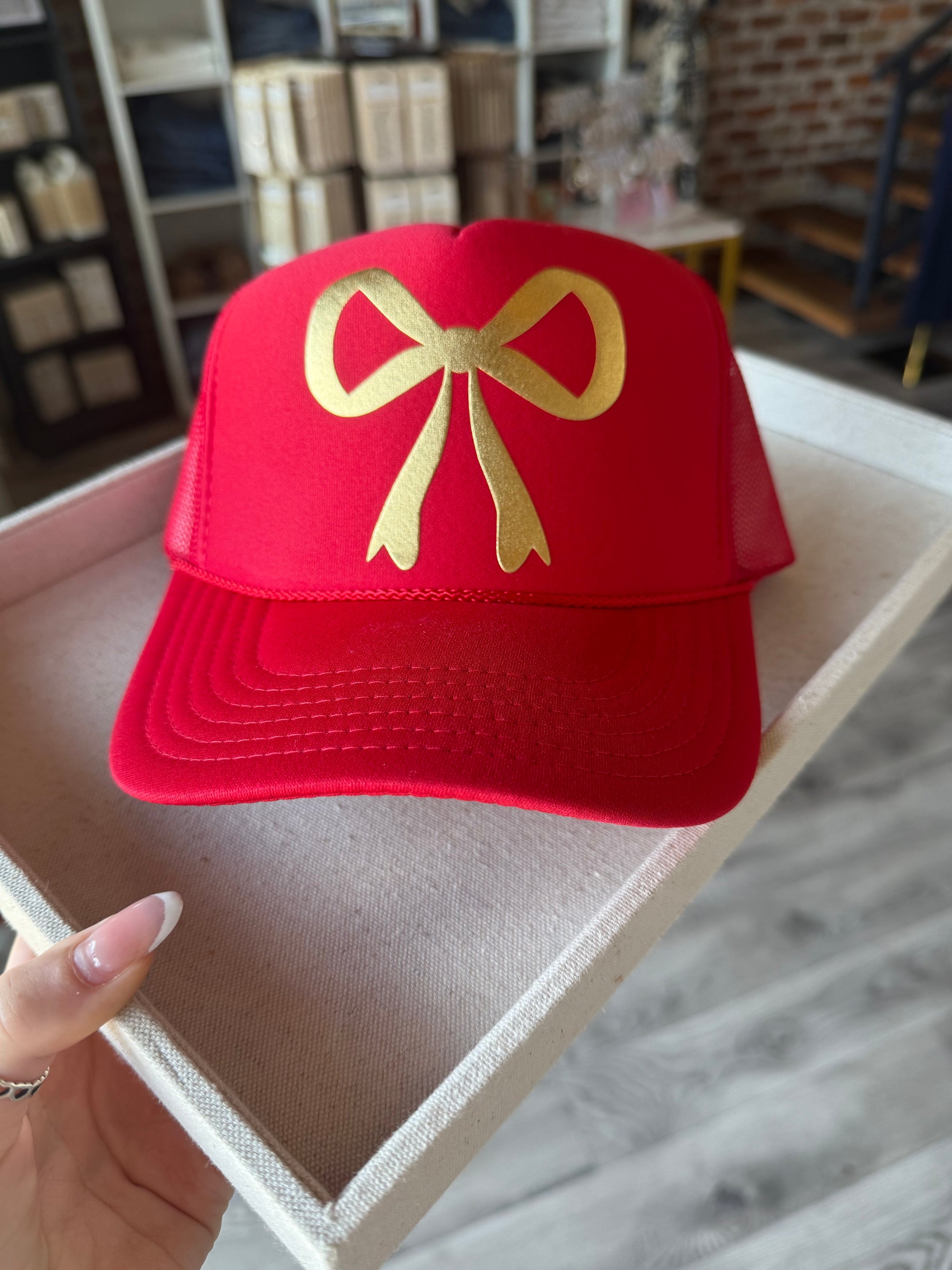 Red Gold Puff Bow Trucker Hat