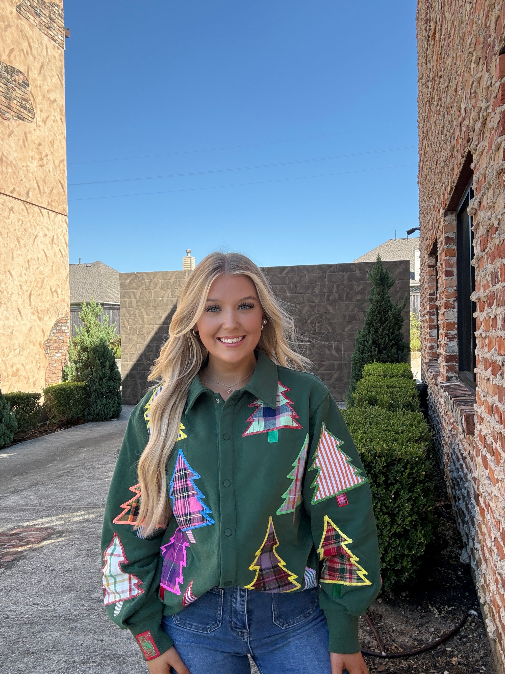 Queen of Sparkles Dark Green Multi Plaid & Stripe Christmas Tree Button Up Shacket