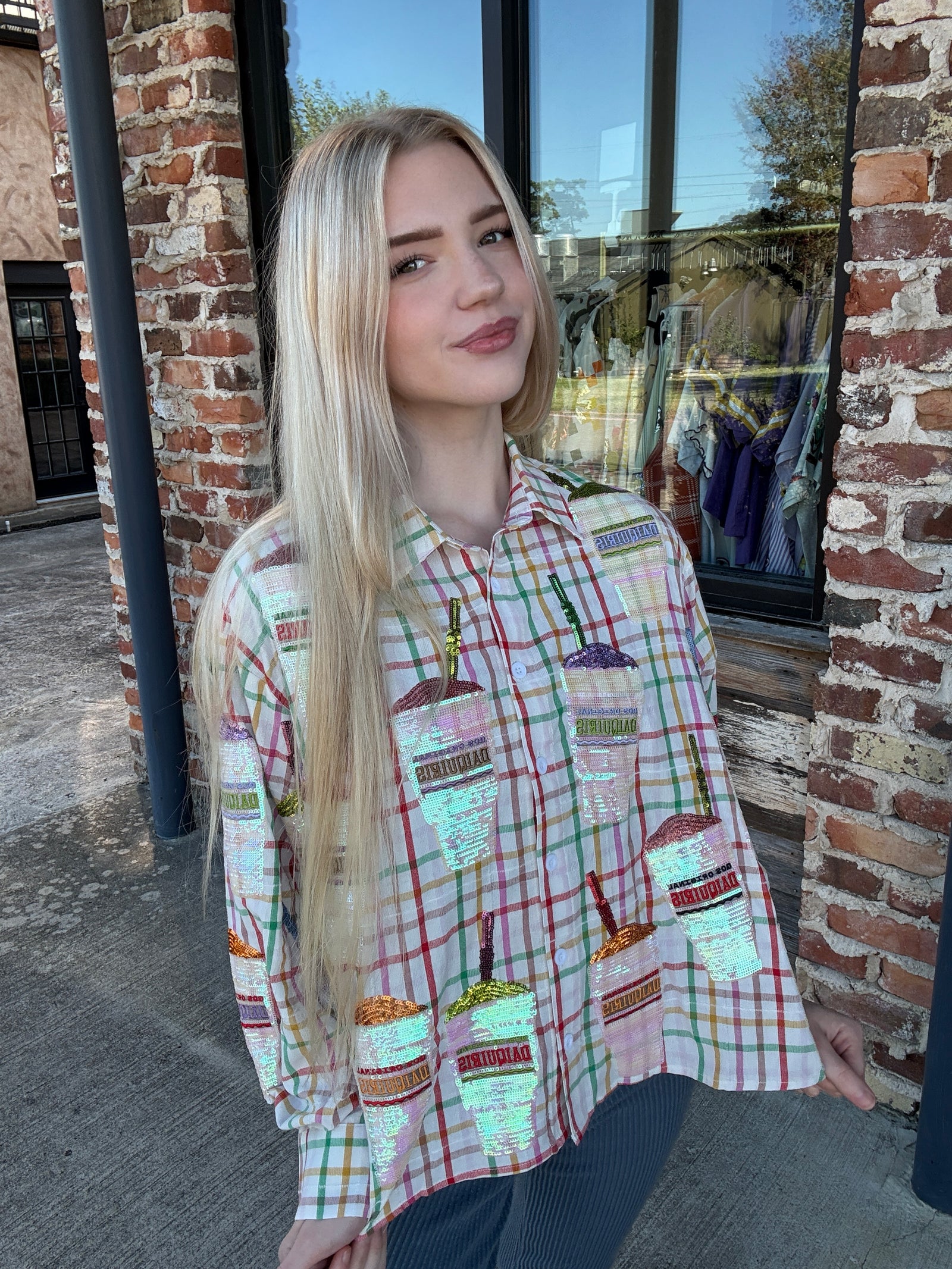Queen of Sparkles Rainbow Plaid Daiquiri Cotton Button Up Long Sleeve Blouse