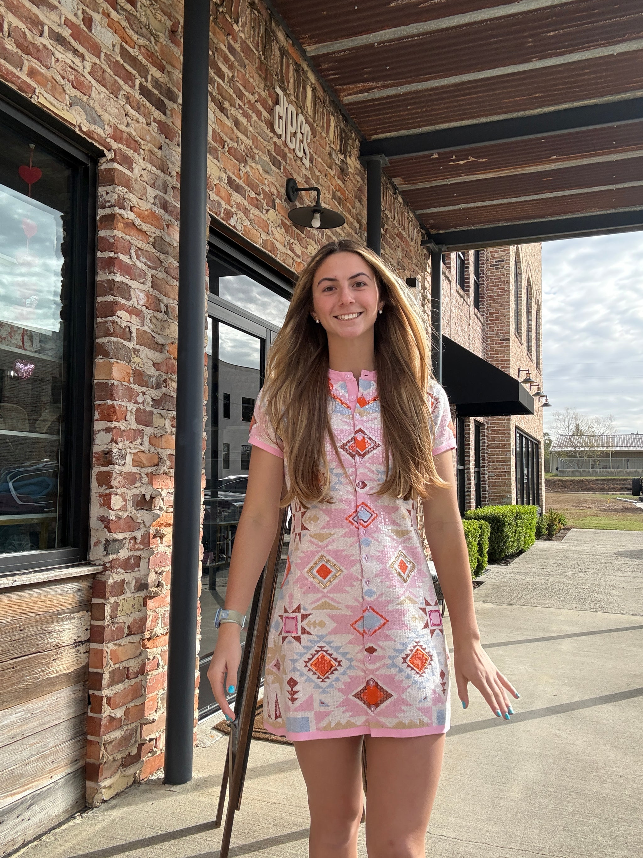 Queen of Sparkles Pink Multi Sequin Aztec Print Knit Button Up Dress Queen of Sparkles Pink Multi Sequin Aztec Print Knit Button Up Dress