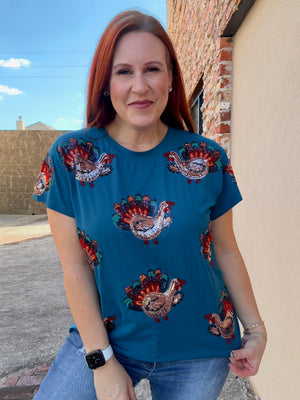 Queen of Sparkles Blue Beaded Turkey Tee