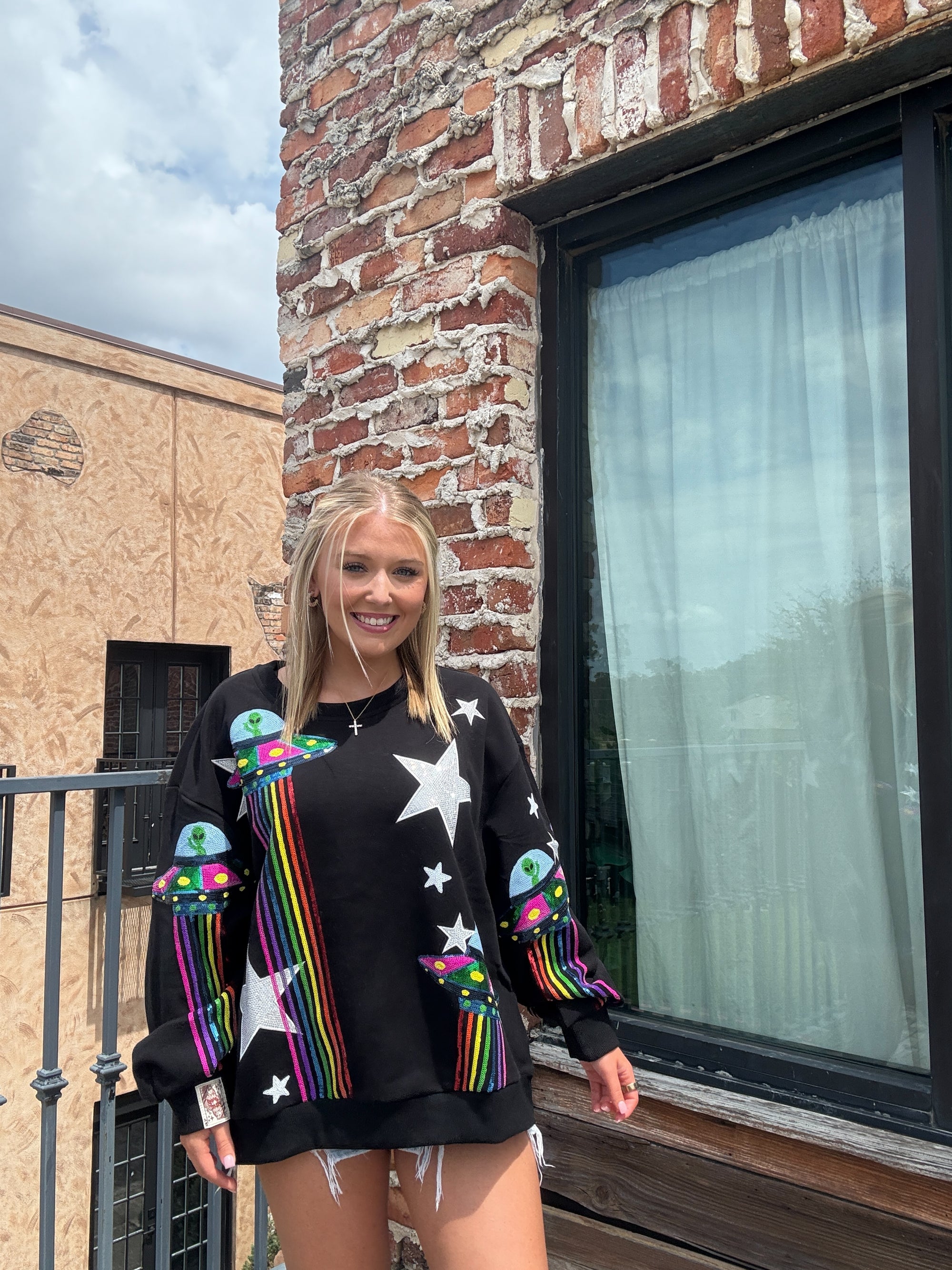 Queen of Sparkles Black Multi Alien Space Ship Sweatshirt