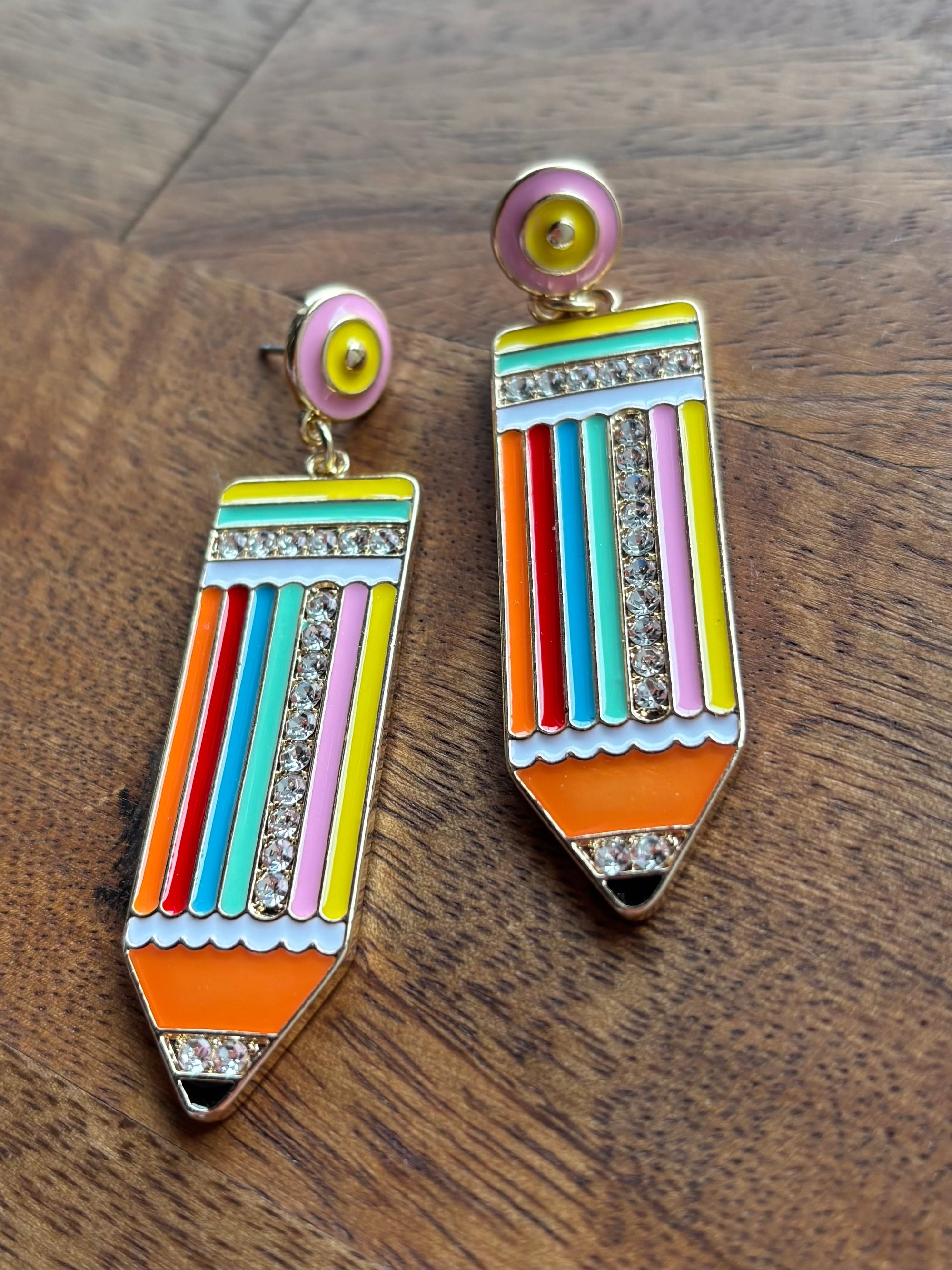 Colorful Rhinestone Teacher Pencil Post Earrings