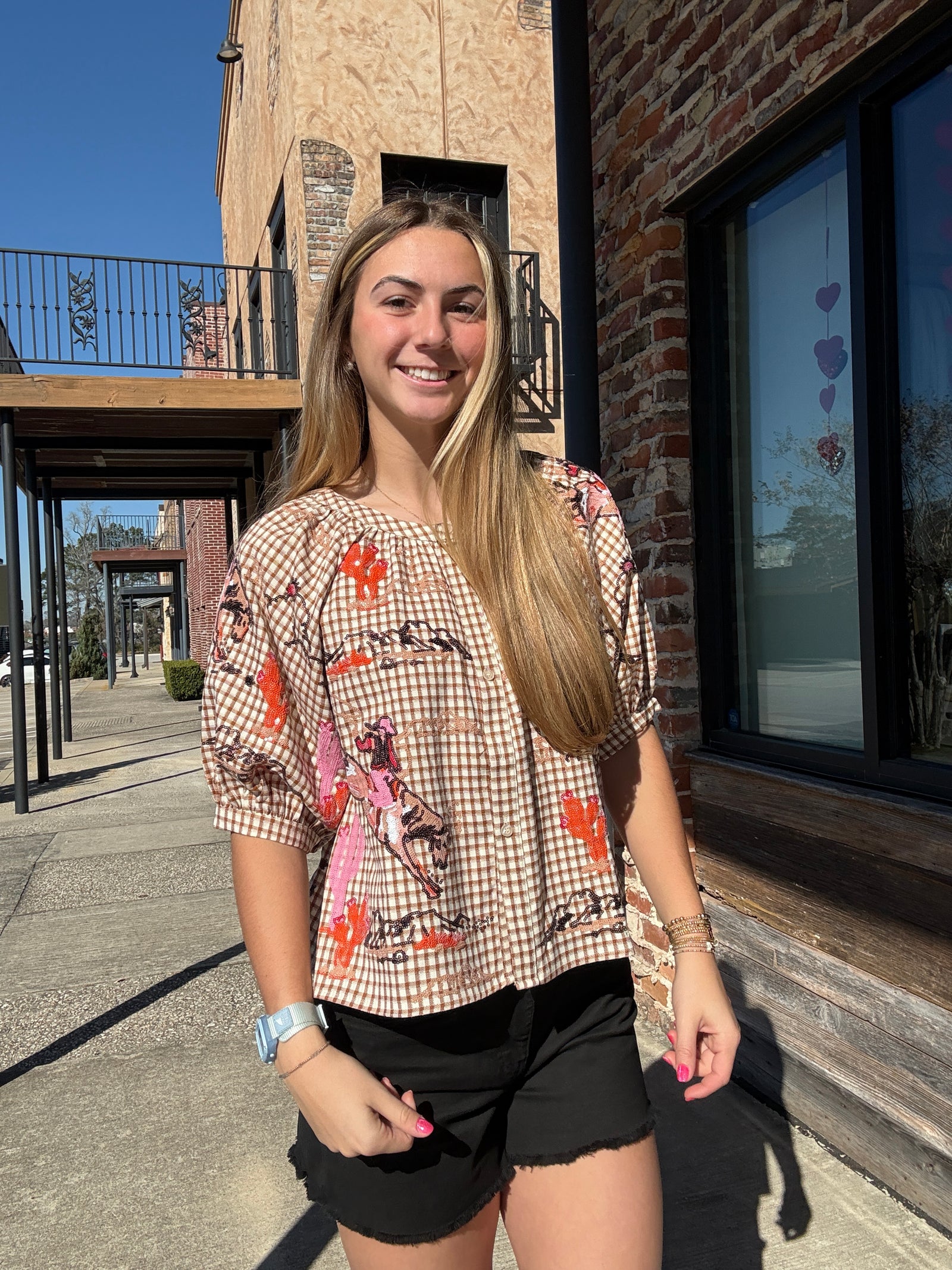 Queen of Sparkles Brown Gingham Bucking Cowgirl Button Up Cotton Top