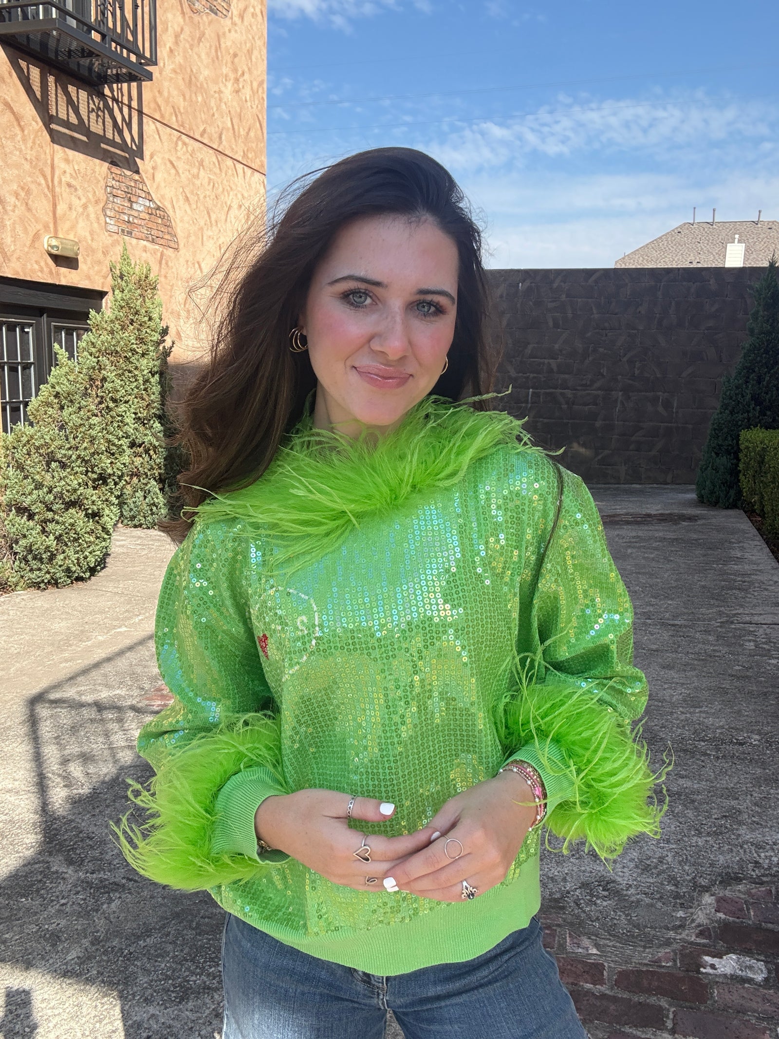Queen of Sparkles Green Full Sequin Feather Trim Grinch Heart Sweater