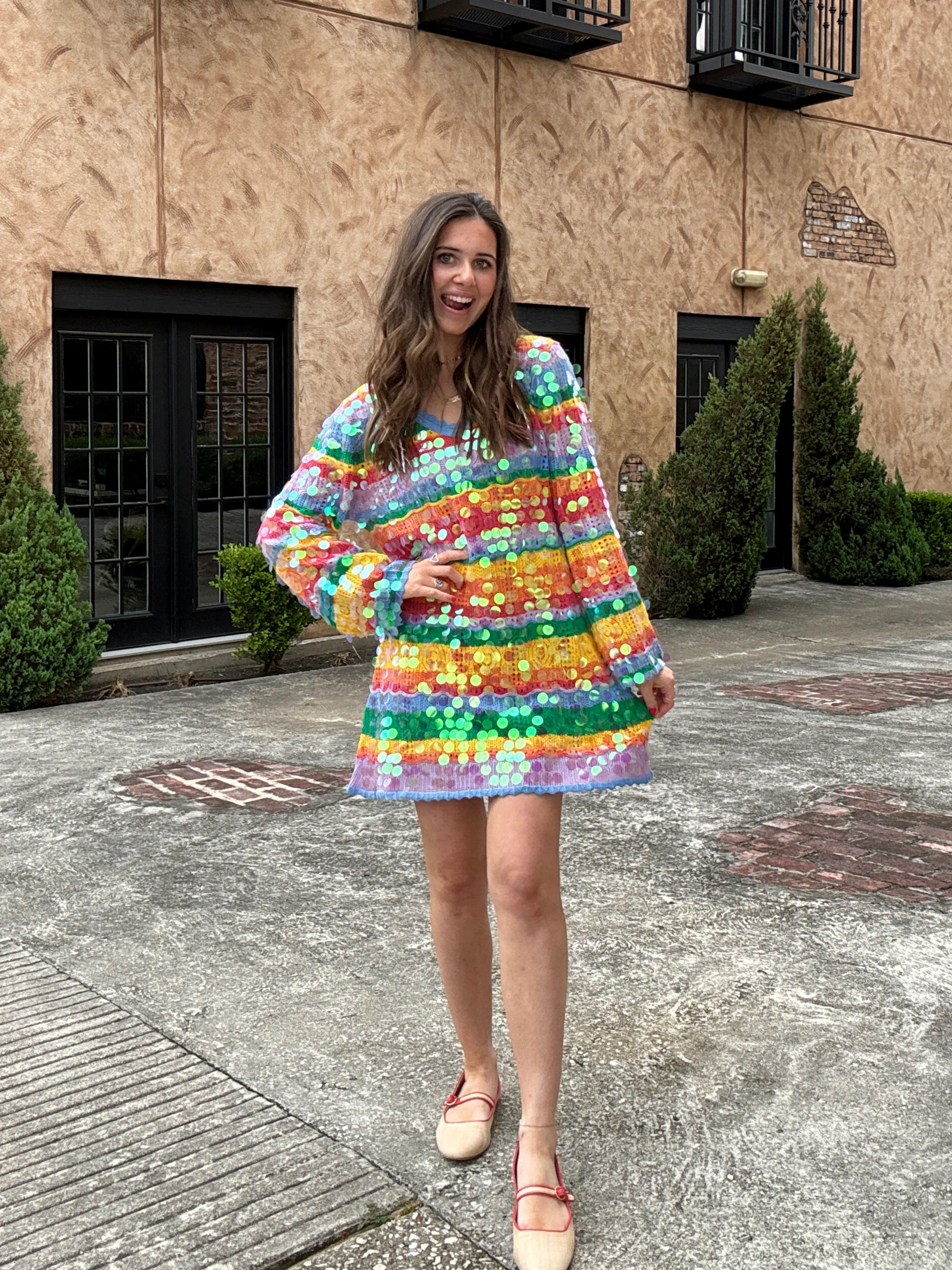 Queen of Sparkles Rainbow Stripe Paillette Long Sleeve Knit Dress